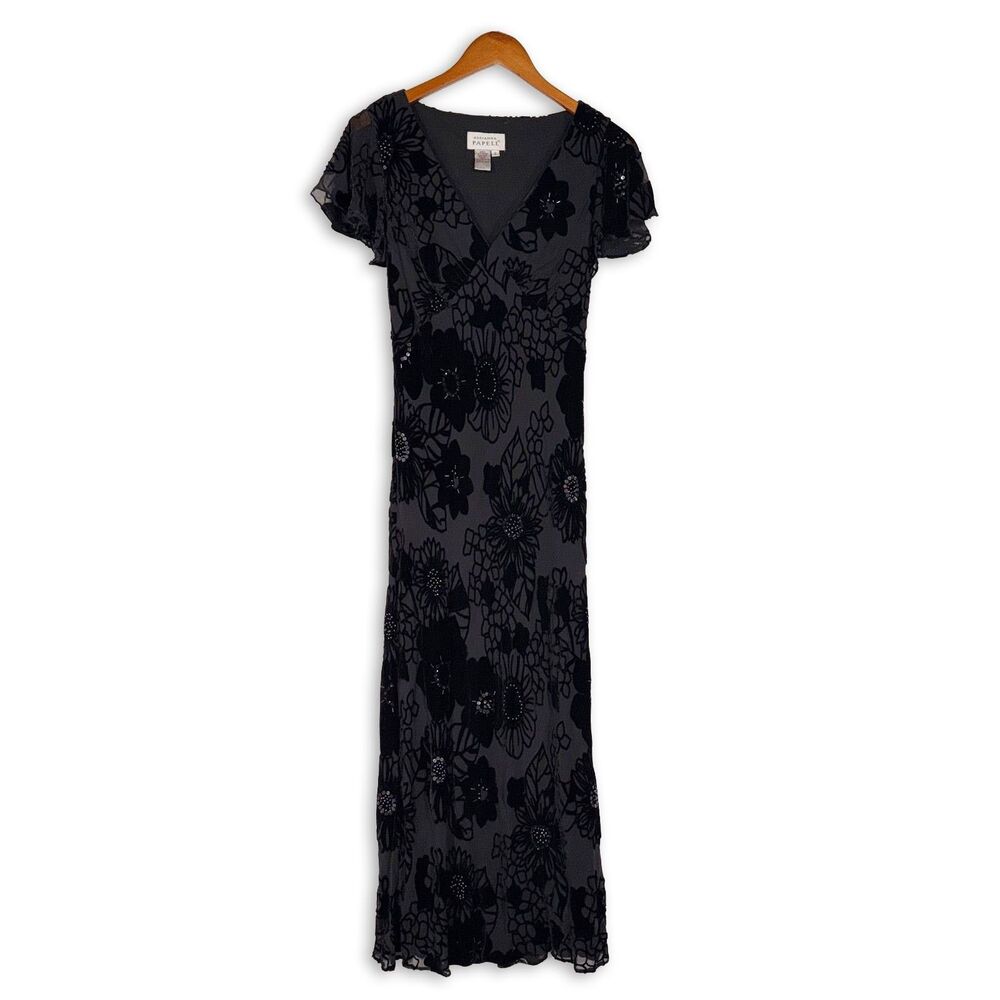 Adrianna Papell Black Floral Burnout Velvet Beaded Maxi Dress Bias Cut 6 Silk